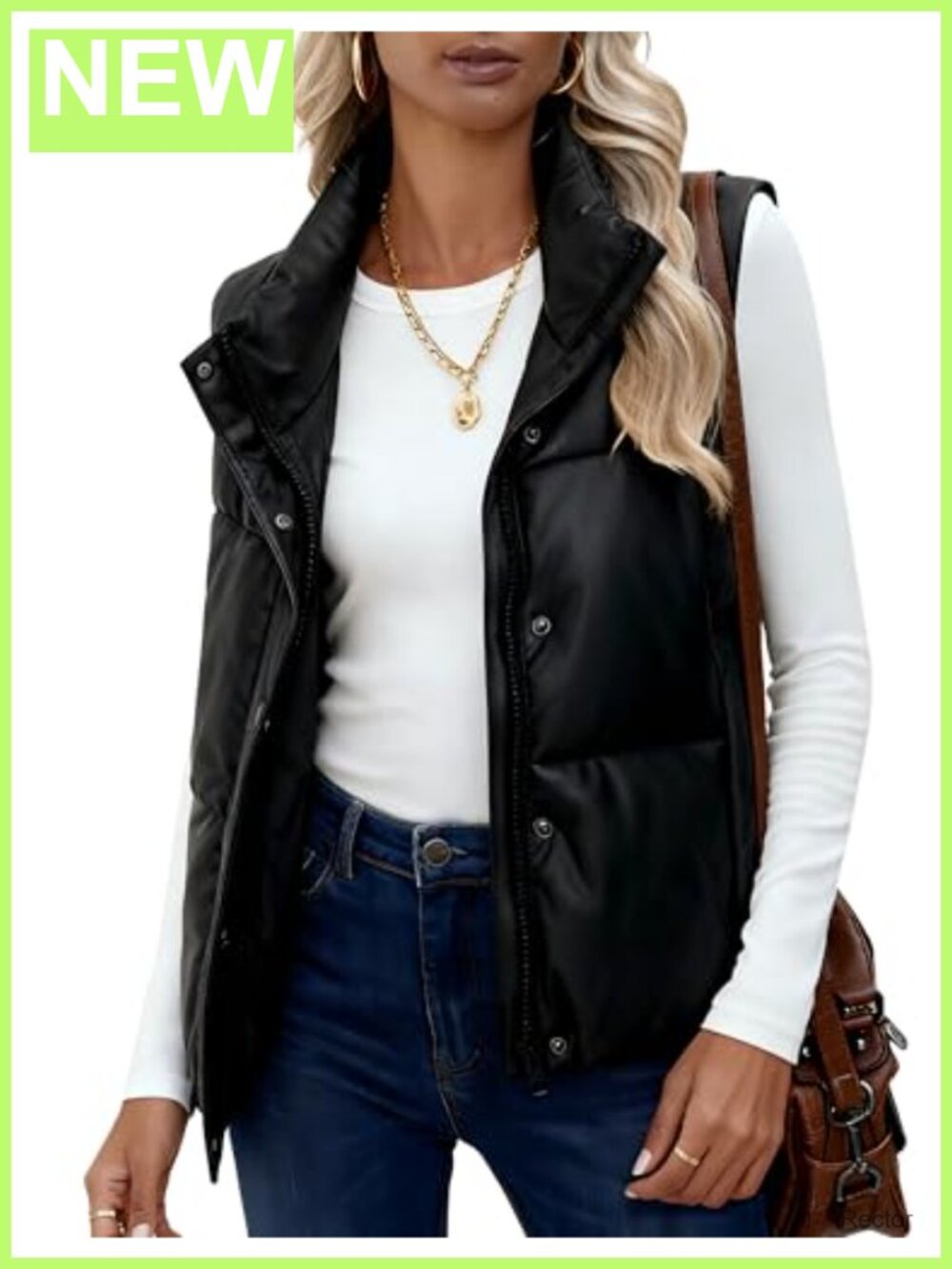 PU Leather Cropped Puffer Vest Winter Faux Leather Zip Up Sleeveless
